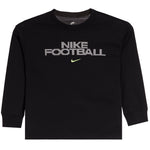 A black long-sleeve crewneck t-shirt featuring a textured silver 'NIKE FOOTBALL' graphic across the chest with a small neon green swoosh underneath, displayed on a clean white background.