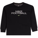 A black long-sleeve crewneck t-shirt featuring a textured silver 'NIKE FOOTBALL' graphic across the chest with a small neon green swoosh underneath, displayed on a clean white background.