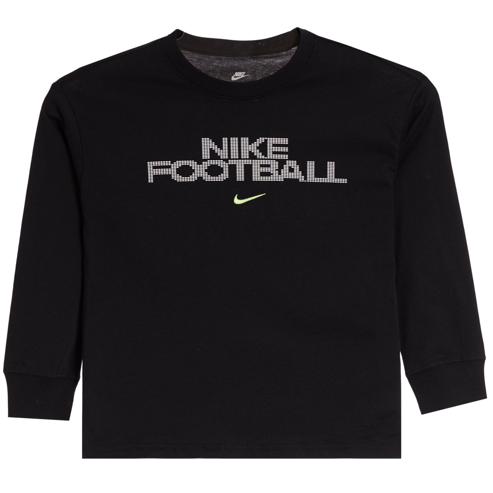 A black long-sleeve crewneck t-shirt featuring a textured silver 'NIKE FOOTBALL' graphic across the chest with a small neon green swoosh underneath, displayed on a clean white background.
