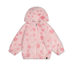 A light pink fuzzy hooded jacket with darker pink heart patterns, featuring a front zipper, hood, and split kangaroo pockets, shown against a plain white background.