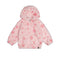 A light pink fuzzy hooded jacket with darker pink heart patterns, featuring a front zipper, hood, and split kangaroo pockets, shown against a plain white background.