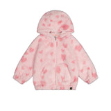 A light pink fuzzy hooded jacket with darker pink heart patterns, featuring a front zipper, hood, and split kangaroo pockets, shown against a plain white background.