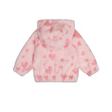Jacquard Hearts Hooded Faux Fur Jacket