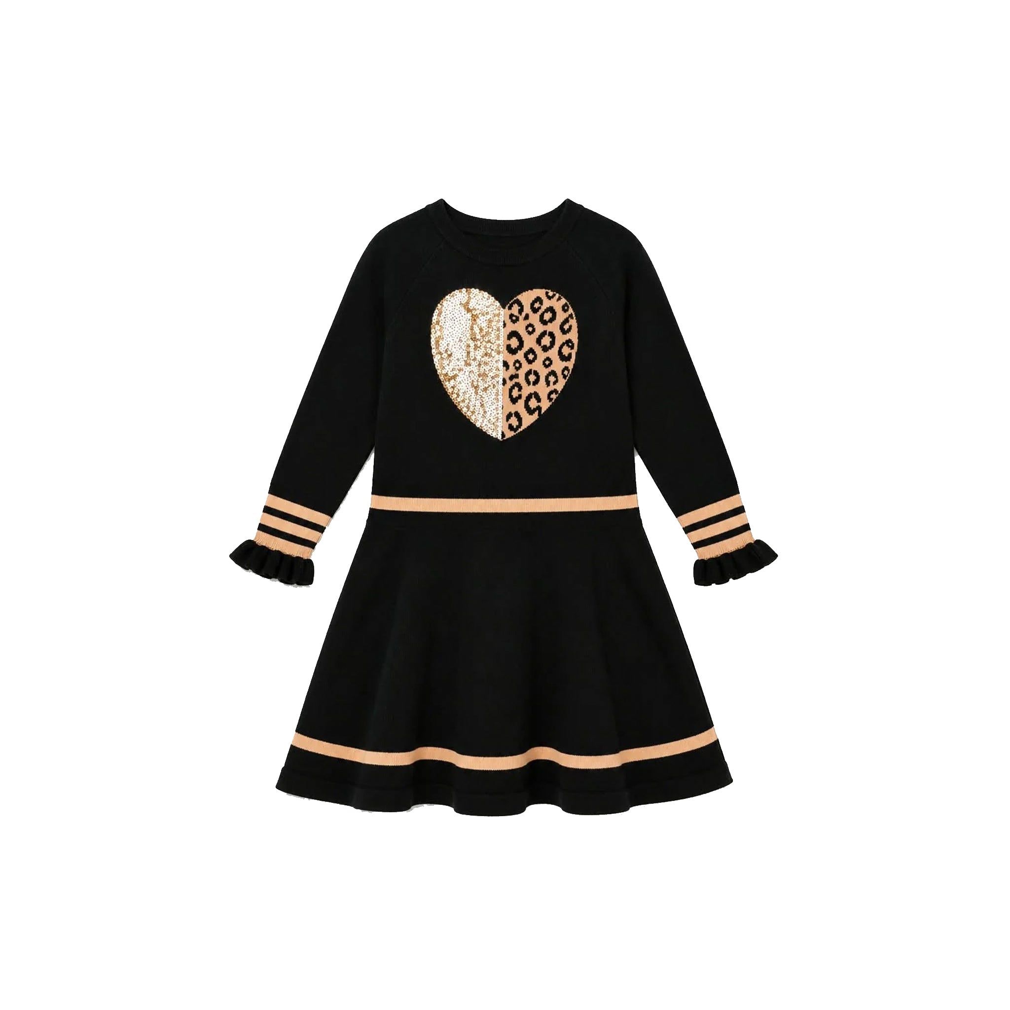 A black long-sleeve children's dress with a leopard-print heart patch on the chest, beige stripes on the sleeves and hem, and ruffled cuffs, shown on a plain white background.