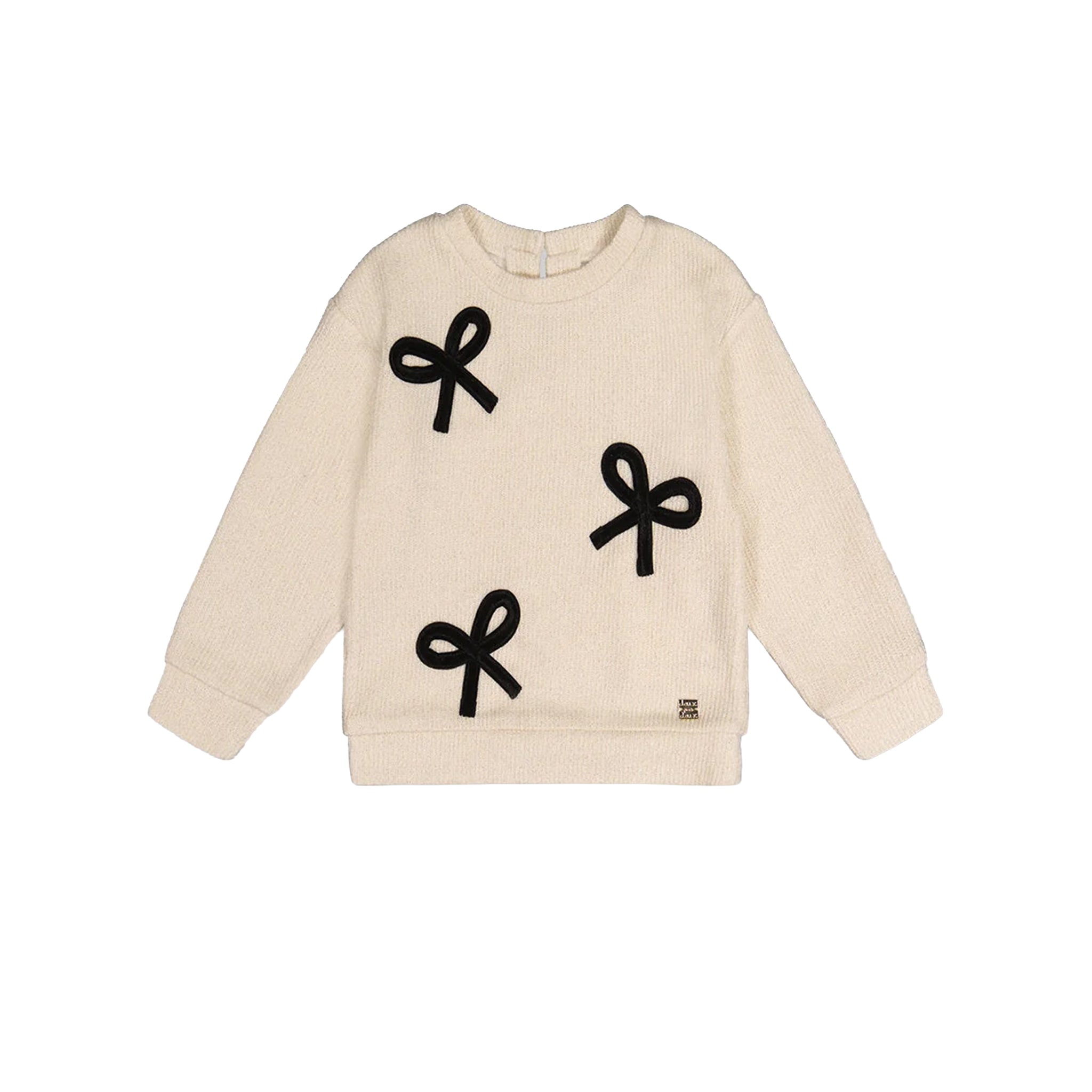An off-white ribbed knit long-sleeve sweatshirt with three black bow appliqués on the front, displayed flat against a solid white background.
