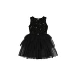A sleeveless black party dress for girls, featuring a bodice covered in small silver rhinestones and a tiered black tulle skirt, shown against a plain white background.