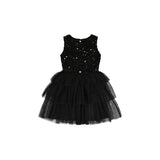A sleeveless black party dress for girls, featuring a bodice covered in small silver rhinestones and a tiered black tulle skirt, shown against a plain white background.