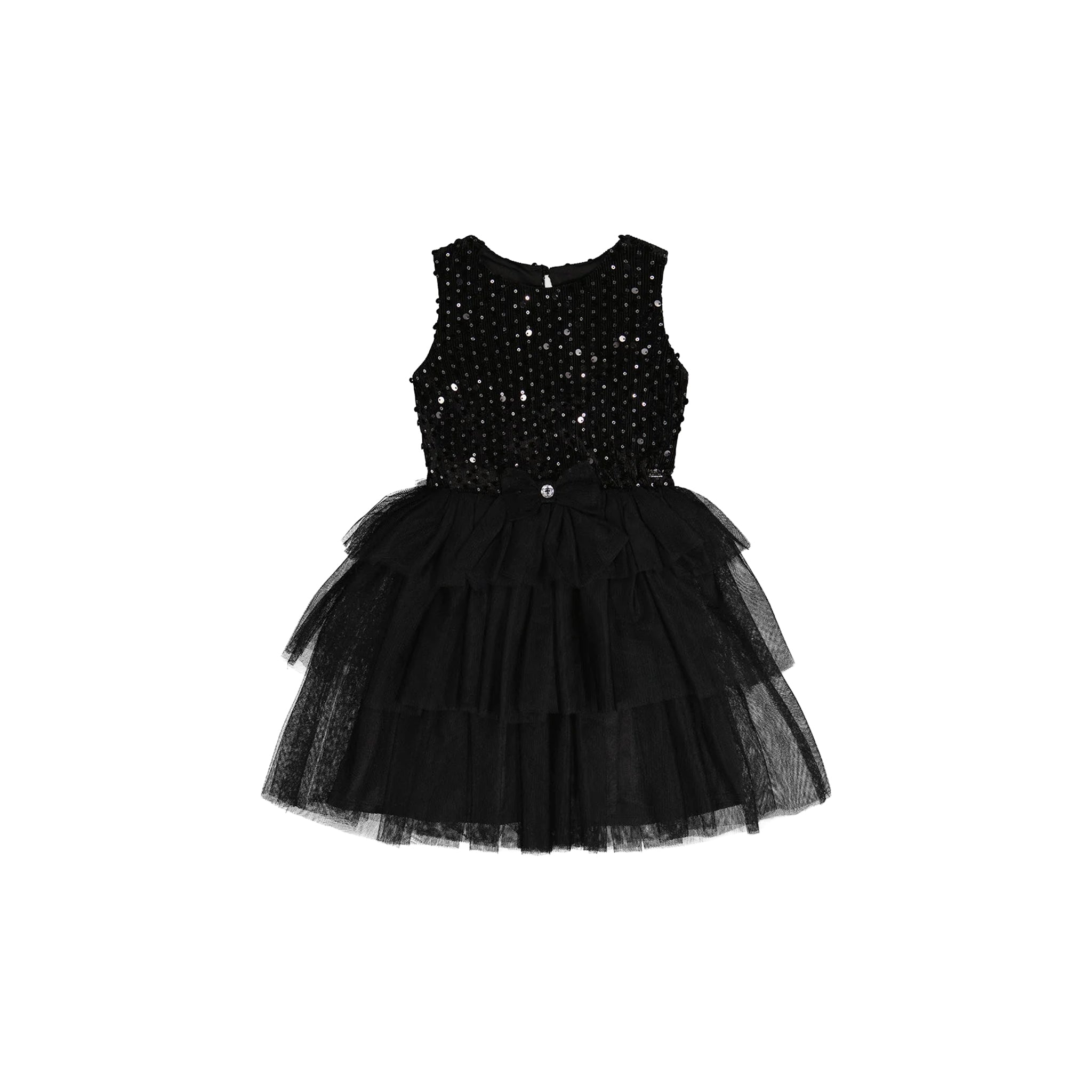 A sleeveless black party dress for girls, featuring a bodice covered in small silver rhinestones and a tiered black tulle skirt, shown against a plain white background.