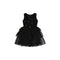 A sleeveless black party dress for girls, featuring a bodice covered in small silver rhinestones and a tiered black tulle skirt, shown against a plain white background.