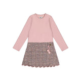 A girls' long-sleeve dress with a solid light pink upper body and sleeves, and a textured tweed skirt in pink, beige, and brown tones with a scalloped hem and a small pink tassel detail.