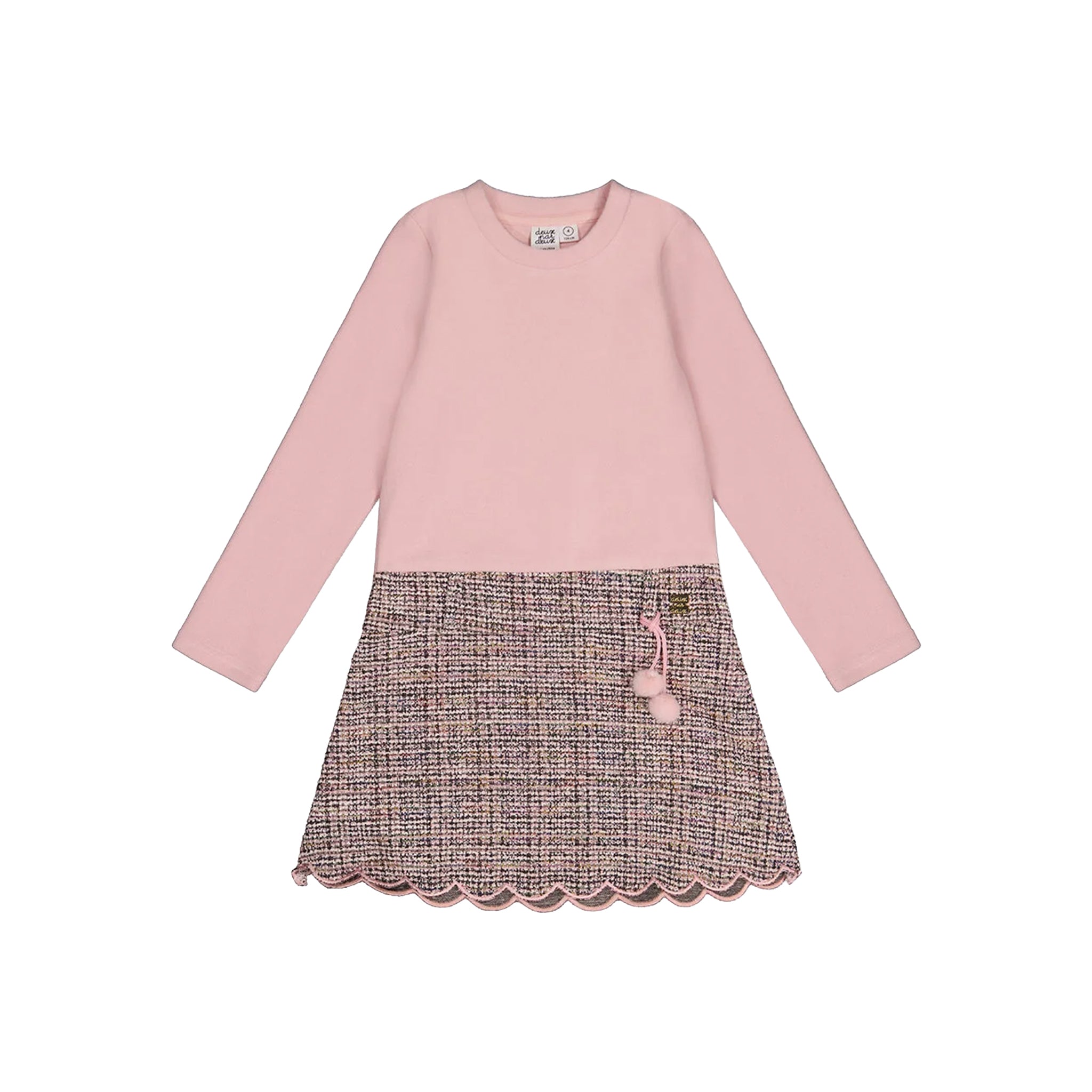 A girls' long-sleeve dress with a solid light pink upper body and sleeves, and a textured tweed skirt in pink, beige, and brown tones with a scalloped hem and a small pink tassel detail.