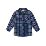 A long-sleeve plaid button-up shirt for a child, featuring a navy blue, white, and light blue tartan pattern, with a chest pocket and brown buttons, shown on a plain white background.