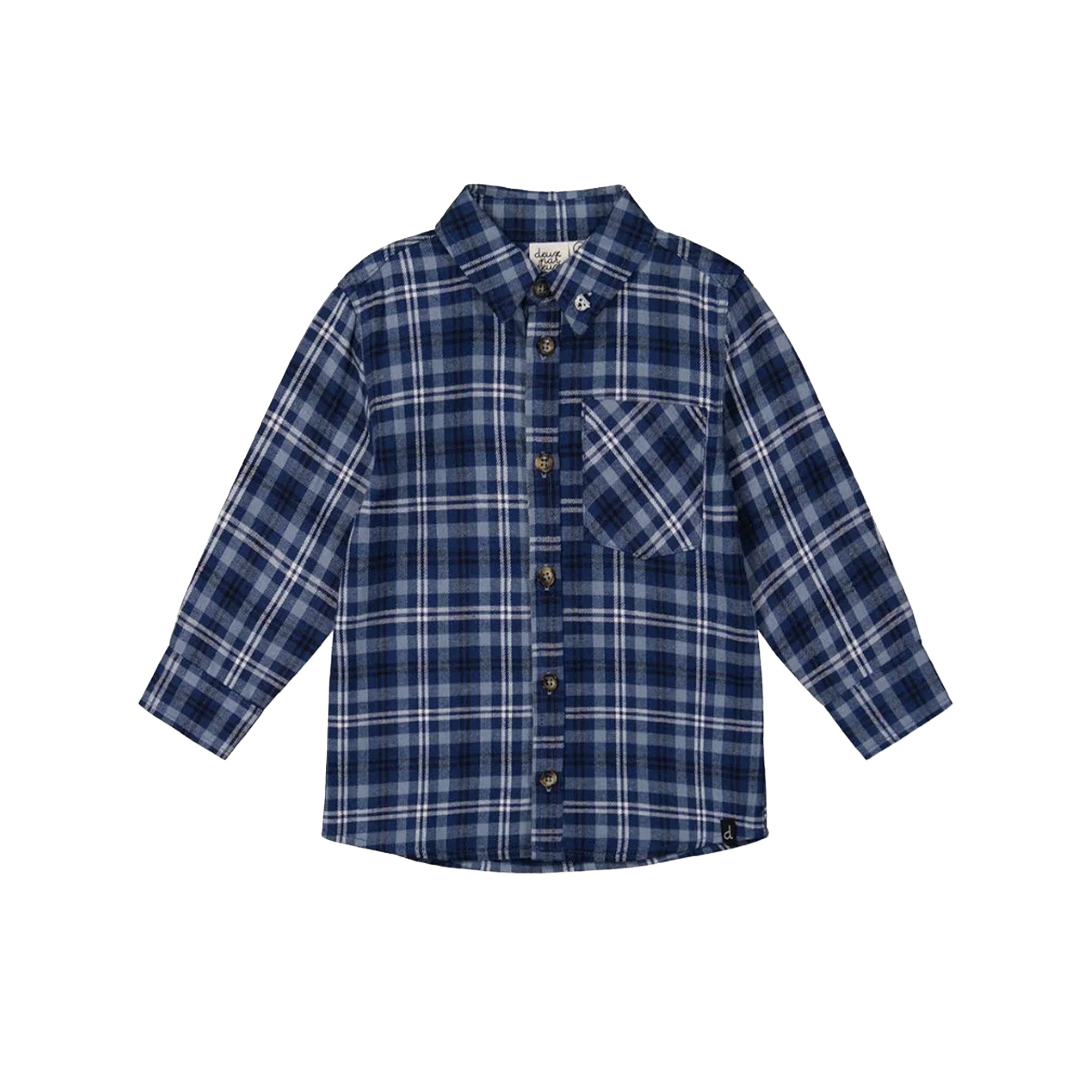 A long-sleeve plaid button-up shirt for a child, featuring a navy blue, white, and light blue tartan pattern, with a chest pocket and brown buttons, shown on a plain white background.
