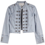 A light blue denim military-style jacket with double-breasted metal buttons, a stand-up collar, and button details on the cuffs, shown flat against a white background.