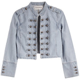 A light blue denim military-style jacket with double-breasted metal buttons, a stand-up collar, and button details on the cuffs, shown flat against a white background.