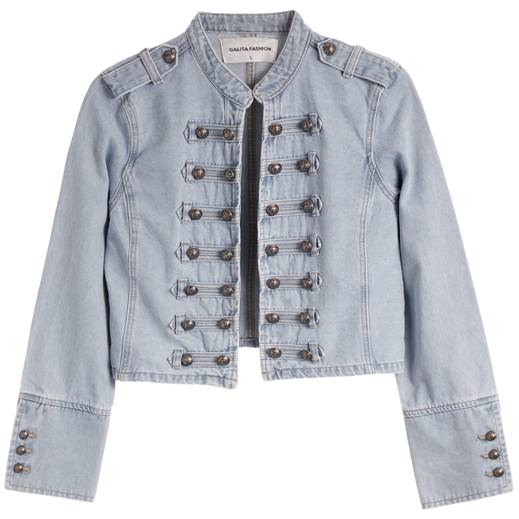 A light blue denim military-style jacket with double-breasted metal buttons, a stand-up collar, and button details on the cuffs, shown flat against a white background.