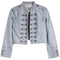 A light blue denim military-style jacket with double-breasted metal buttons, a stand-up collar, and button details on the cuffs, shown flat against a white background.