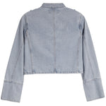 A cropped light blue denim jacket shown from the back, featuring a high collar, long sleeves, and vertical seam detailing, photographed against a solid white background.