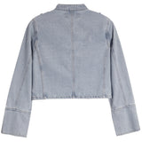 A cropped light blue denim jacket shown from the back, featuring a high collar, long sleeves, and vertical seam detailing, photographed against a solid white background.