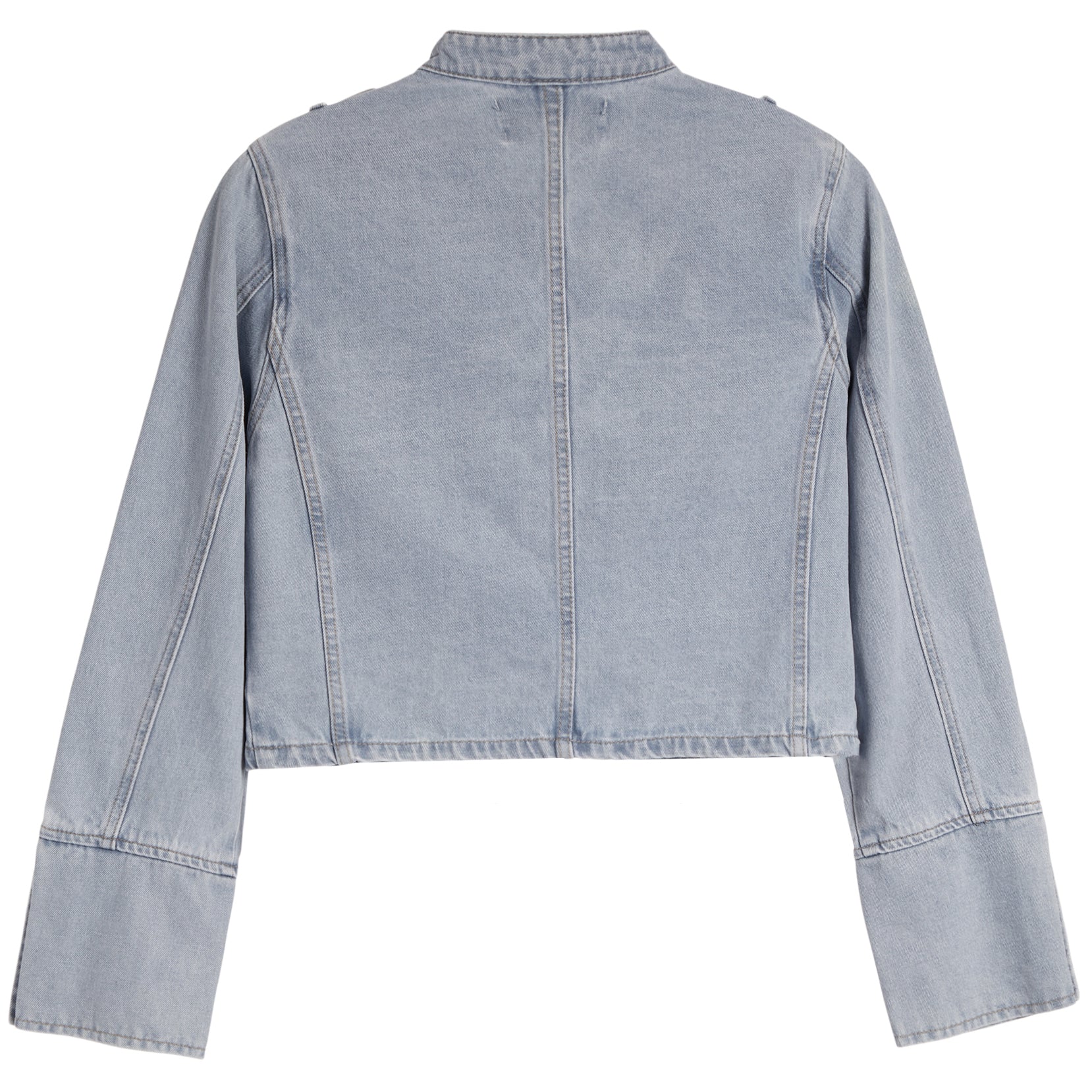 A cropped light blue denim jacket shown from the back, featuring a high collar, long sleeves, and vertical seam detailing, photographed against a solid white background.