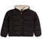 A black hooded puffer jacket with a cream sherpa-lined hood, front zipper, zippered hand pockets, and an orange zipper pull, shown on a plain white background.