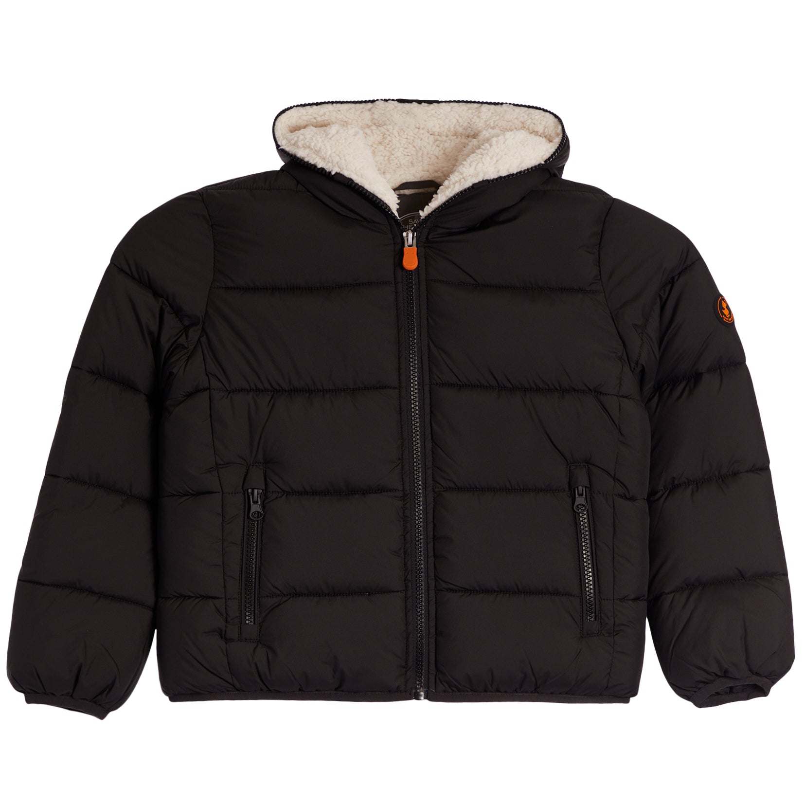 A black hooded puffer jacket with a cream sherpa-lined hood, front zipper, zippered hand pockets, and an orange zipper pull, shown on a plain white background.