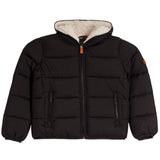 A black hooded puffer jacket with a cream sherpa-lined hood, front zipper, zippered hand pockets, and an orange zipper pull, shown on a plain white background.