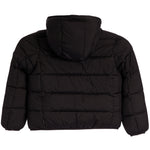 Black hooded puffer jacket shown from the back, featuring horizontal quilting and long sleeves, photographed against a plain white background.