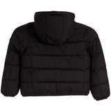 Black hooded puffer jacket shown from the back, featuring horizontal quilting and long sleeves, photographed against a plain white background.