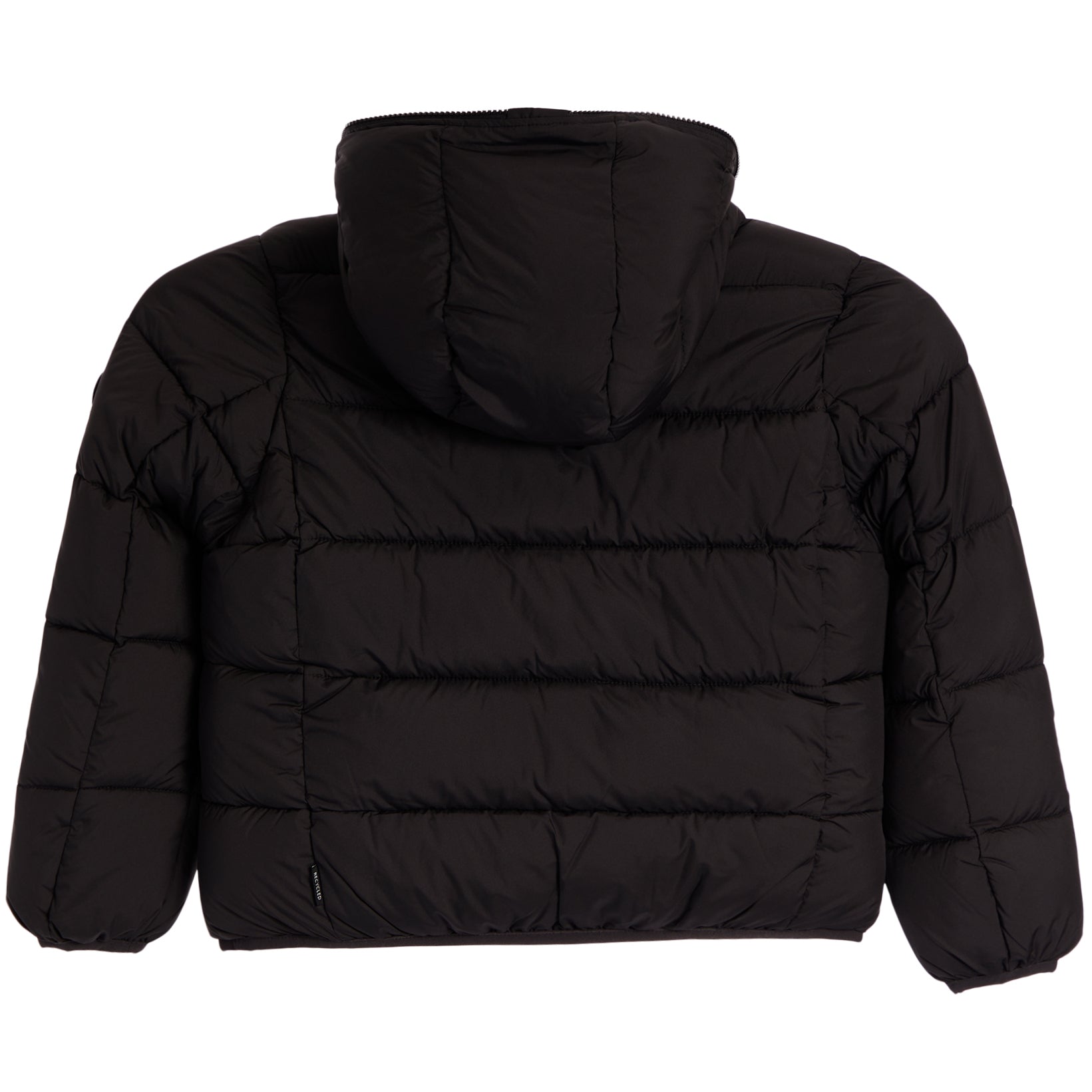 Black hooded puffer jacket shown from the back, featuring horizontal quilting and long sleeves, photographed against a plain white background.