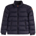 A navy blue puffer jacket with horizontal quilting, a stand-up collar, and zippered hand pockets, shown against a plain white background.