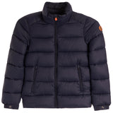 A navy blue puffer jacket with horizontal quilting, a stand-up collar, and zippered hand pockets, shown against a plain white background.