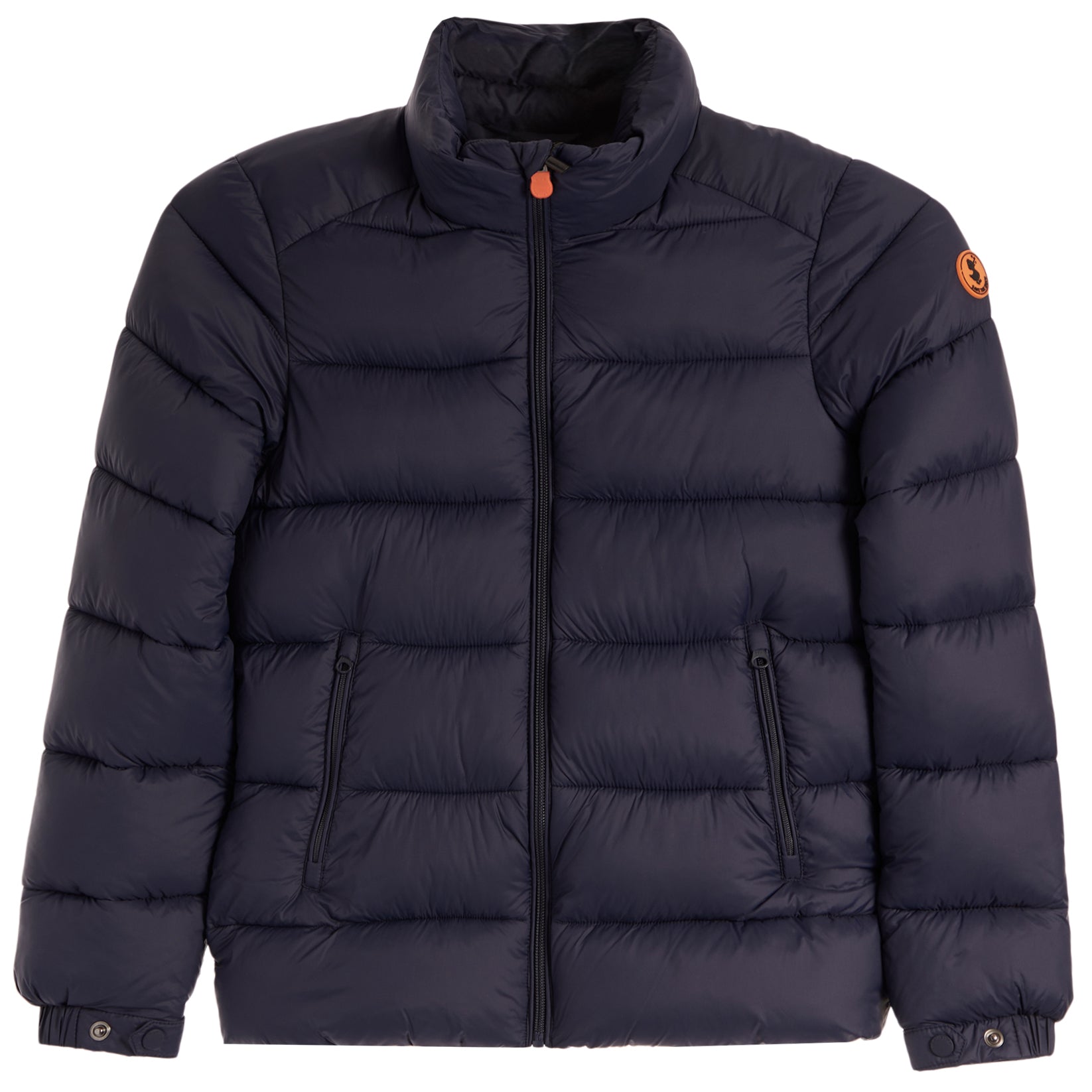 A navy blue puffer jacket with horizontal quilting, a stand-up collar, and zippered hand pockets, shown against a plain white background.