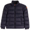 A navy blue puffer jacket with horizontal quilting, a stand-up collar, and zippered hand pockets, shown against a plain white background.