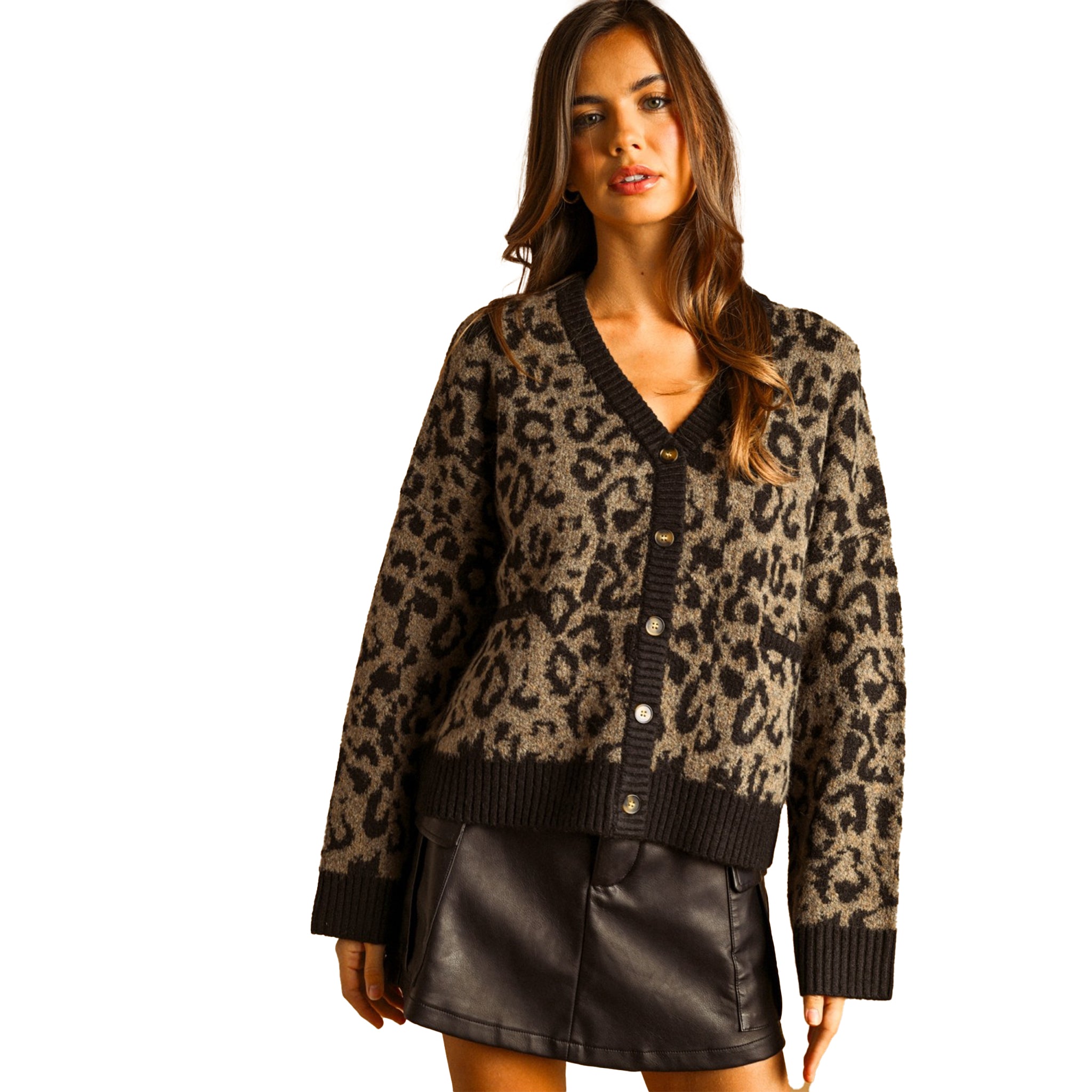 A woman modeling a brown and black leopard print knit cardigan with a V-neck, button-front closure, and ribbed trim against a plain white background.