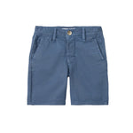 A pair of blue shorts with a button closure and belt loops, laid flat against a white background.