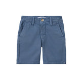 A pair of blue shorts with a button closure and belt loops, laid flat against a white background.