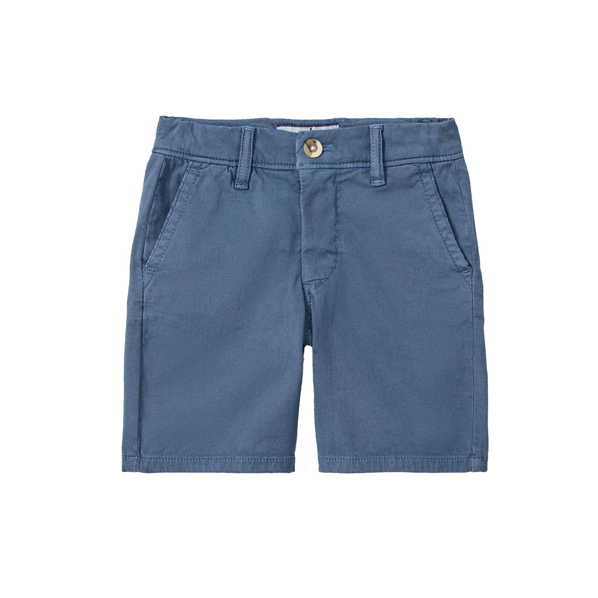 A pair of blue shorts with a button closure and belt loops, laid flat against a white background.