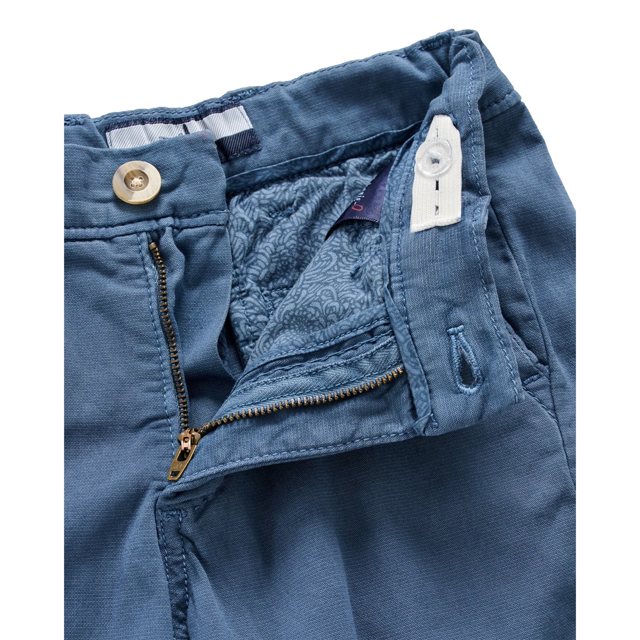 Close-up of a pair of blue shorts showing the waistband, button closure, zippered front pocket, and interior lining.