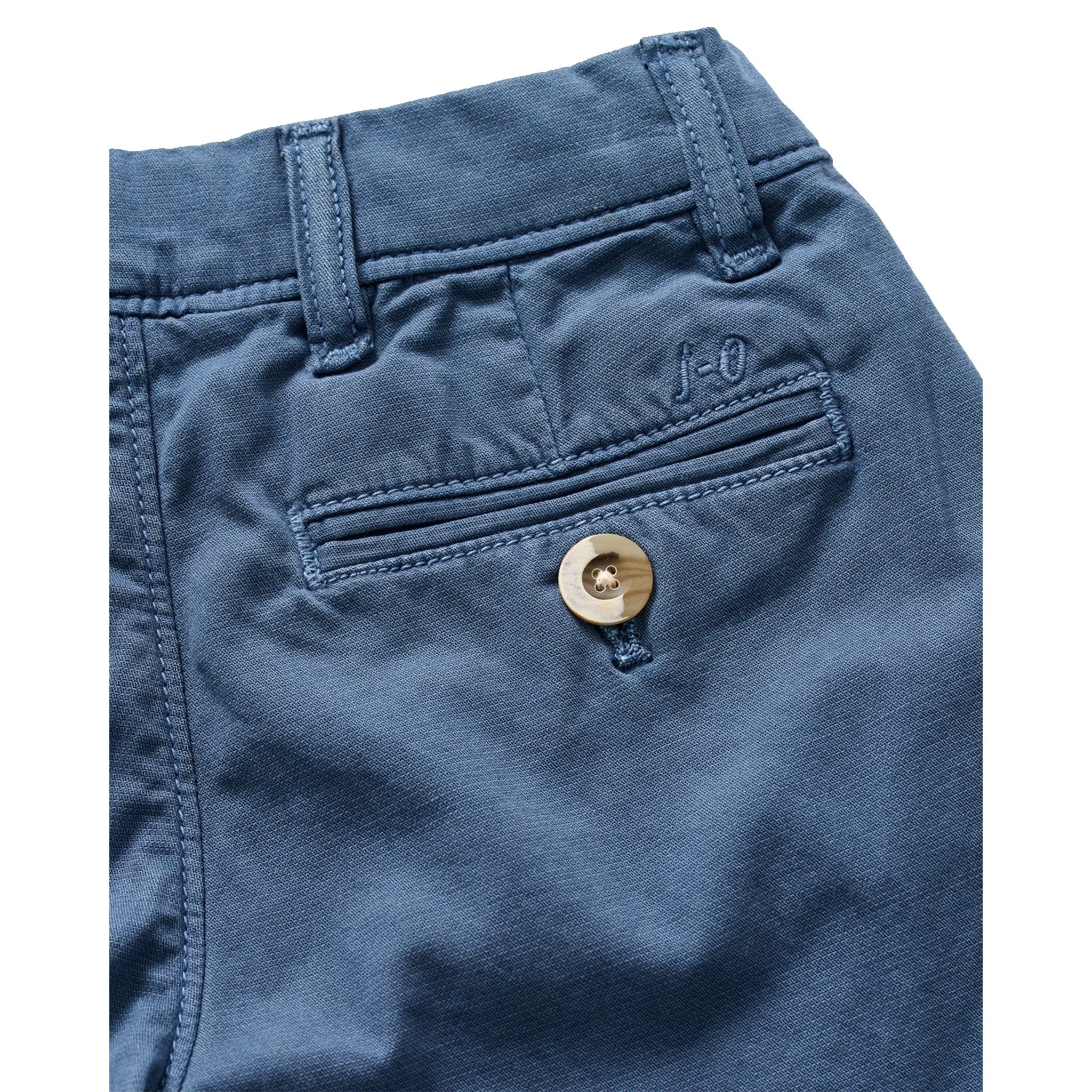 Close-up of blue shorts showing the back pocket with a button closure and belt loops against a white background.