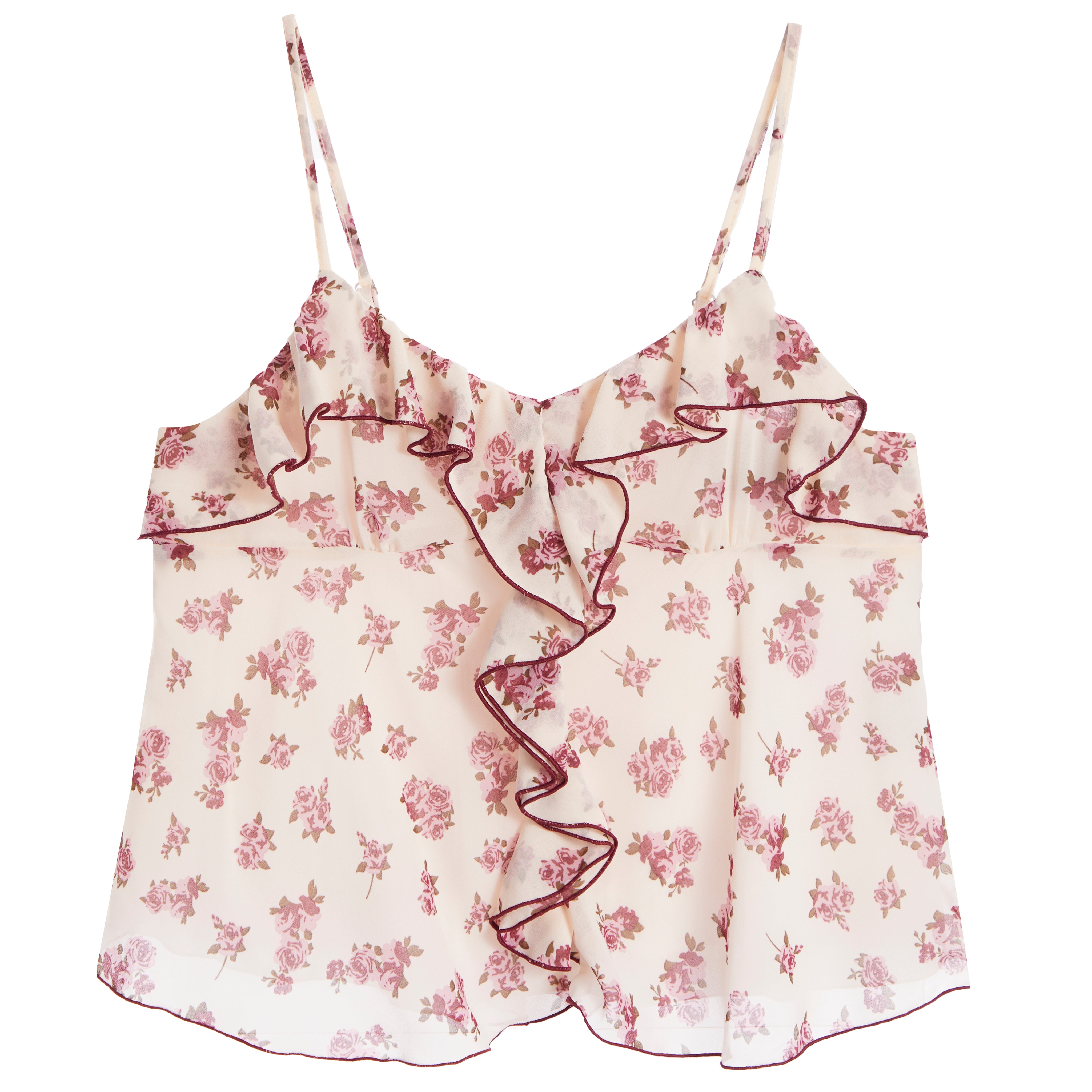 A white-colored camisole top with a pink floral print and ruffled trim, shown against a plain white background.