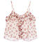 A white-colored camisole top with a pink floral print and ruffled trim, shown against a plain white background.