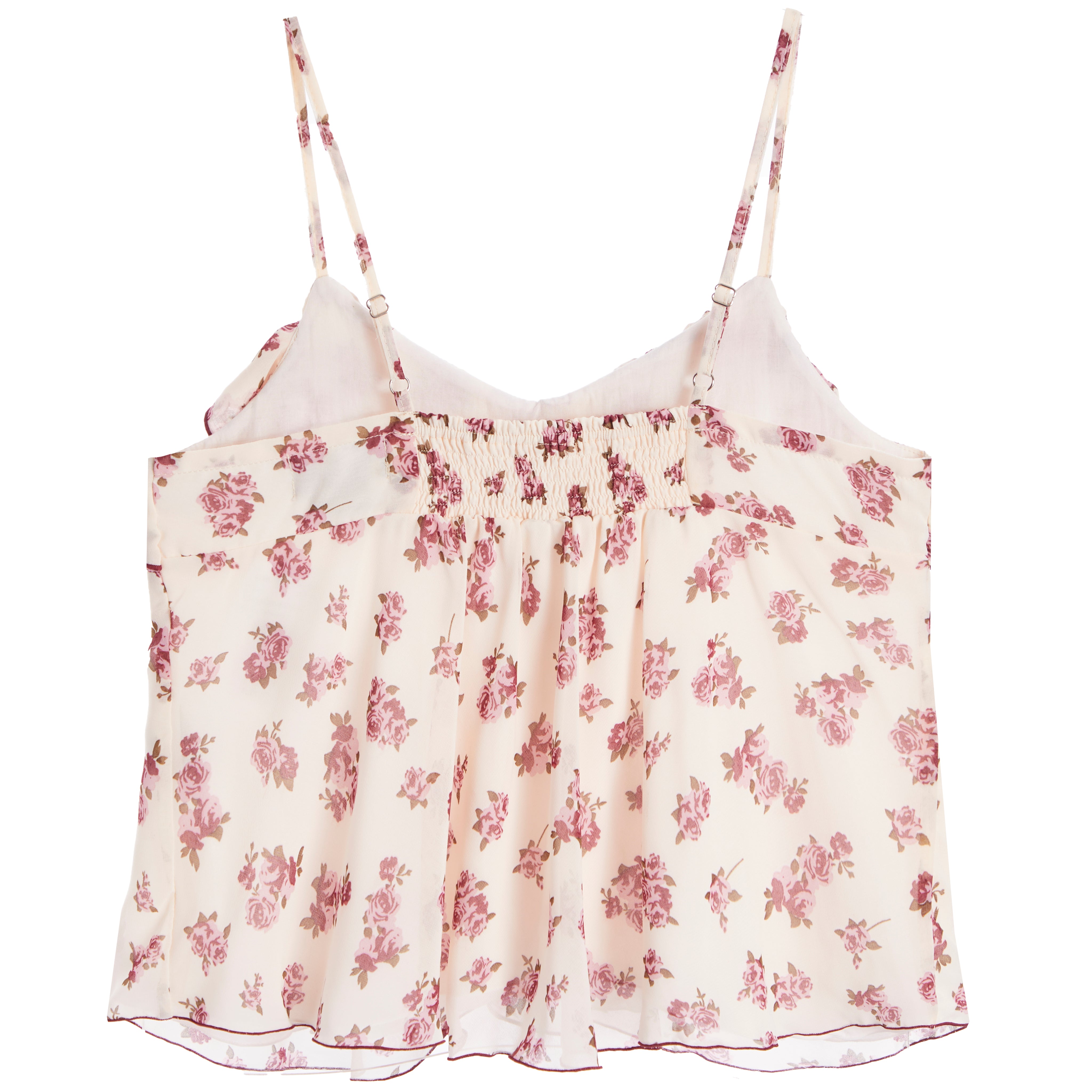 A white camisole top with a pink floral print, featuring thin adjustable straps and a smocked waist.