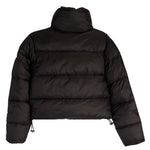 A black cropped puffer jacket with a high hood, horizontal quilting, and drawstring hem, shown from the back on a white background.