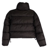 A black cropped puffer jacket with a high hood, horizontal quilting, and drawstring hem, shown from the back on a white background.