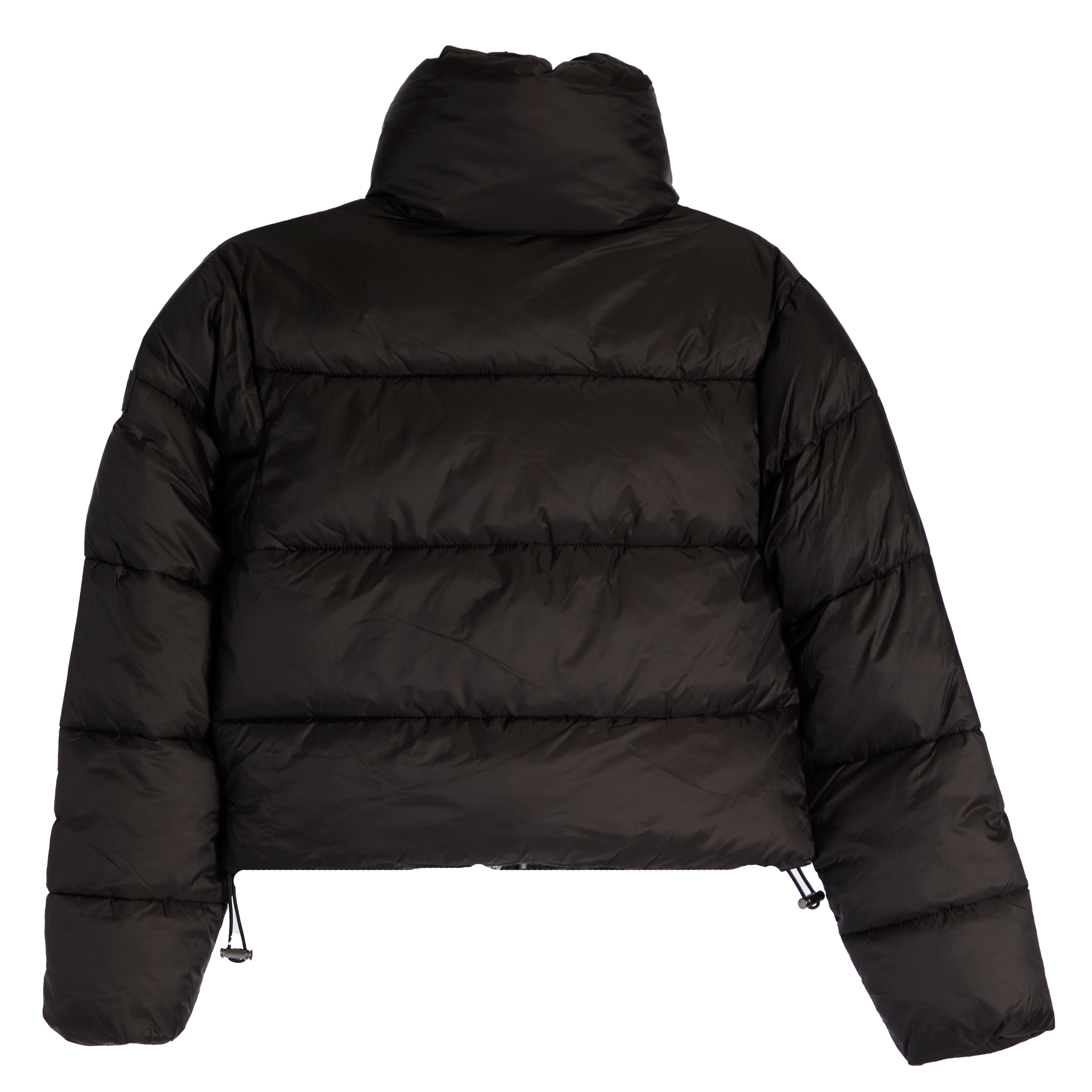A black cropped puffer jacket with a high hood, horizontal quilting, and drawstring hem, shown from the back on a white background.