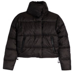 A black cropped puffer jacket with a high stand-up collar, horizontal quilting, and zippered pockets, shown against a plain white background.