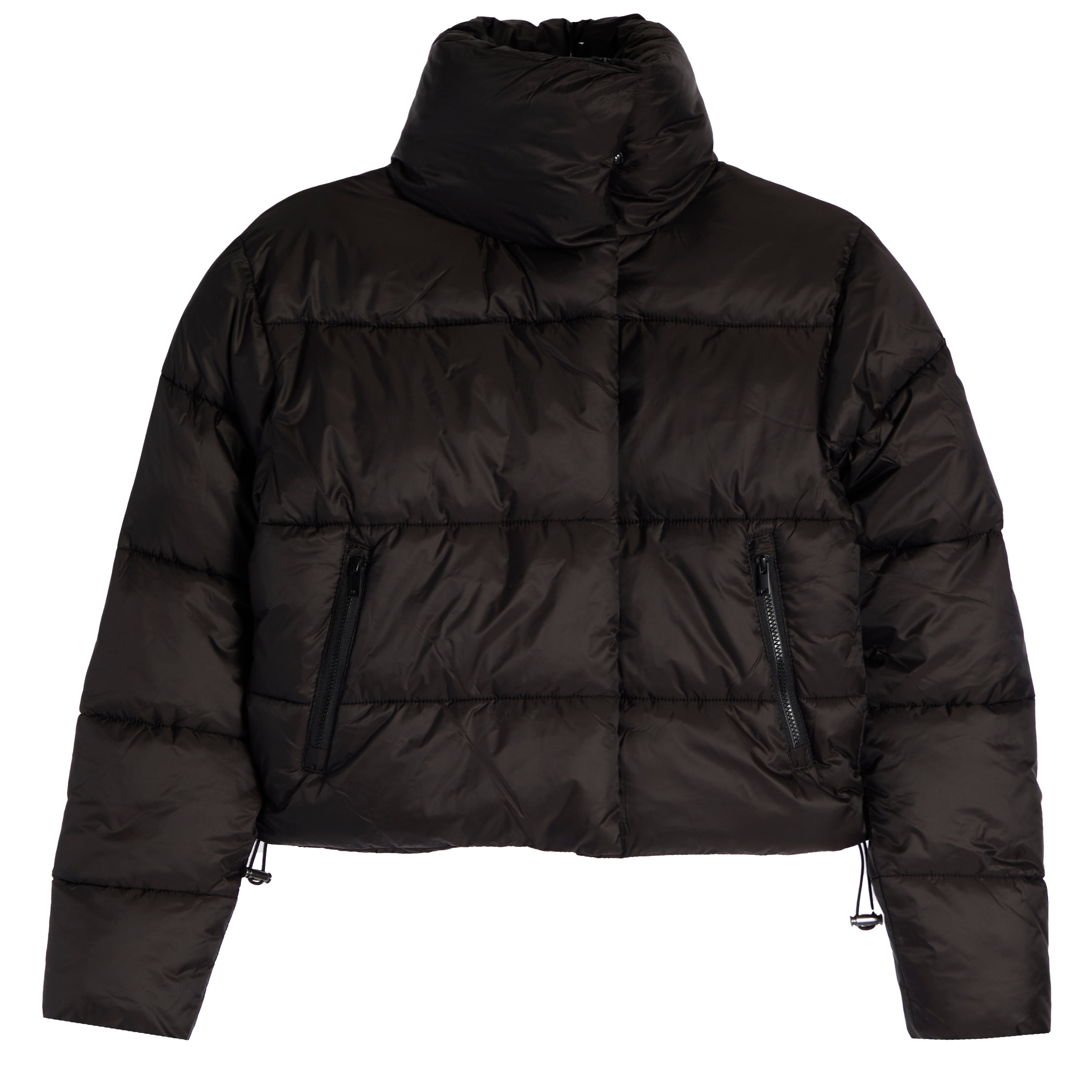 A black cropped puffer jacket with a high stand-up collar, horizontal quilting, and zippered pockets, shown against a plain white background.