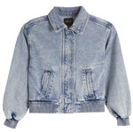 A light blue denim jacket with a collar, front zipper, and two vertical flap pockets, shown on a plain white background.