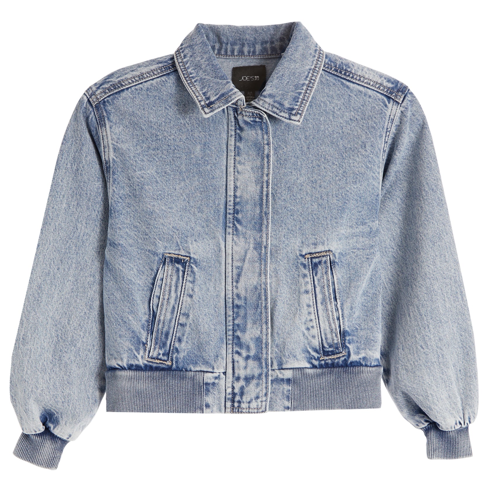 A light blue denim jacket with a collar, front zipper, and two vertical flap pockets, shown on a plain white background.